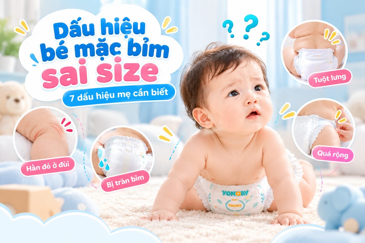 Dấu hiệu bé mặc bỉm sai size: hằn đỏ ở đùi, bị tràn bỉm, tuột lưng, quá rộng
