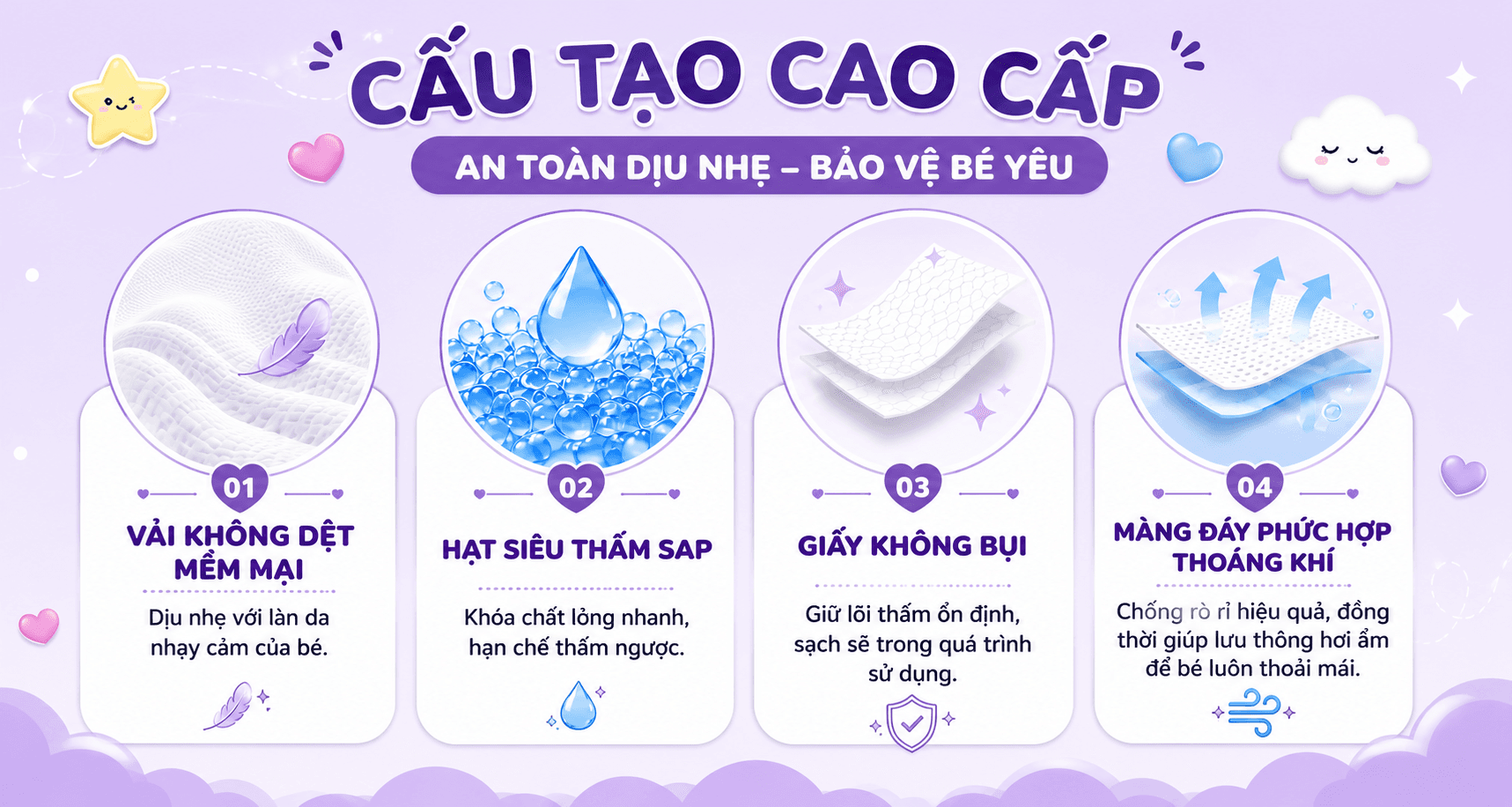 Cấu tạo cao cấp — an toàn dịu nhẹ, bảo vệ bé yêu