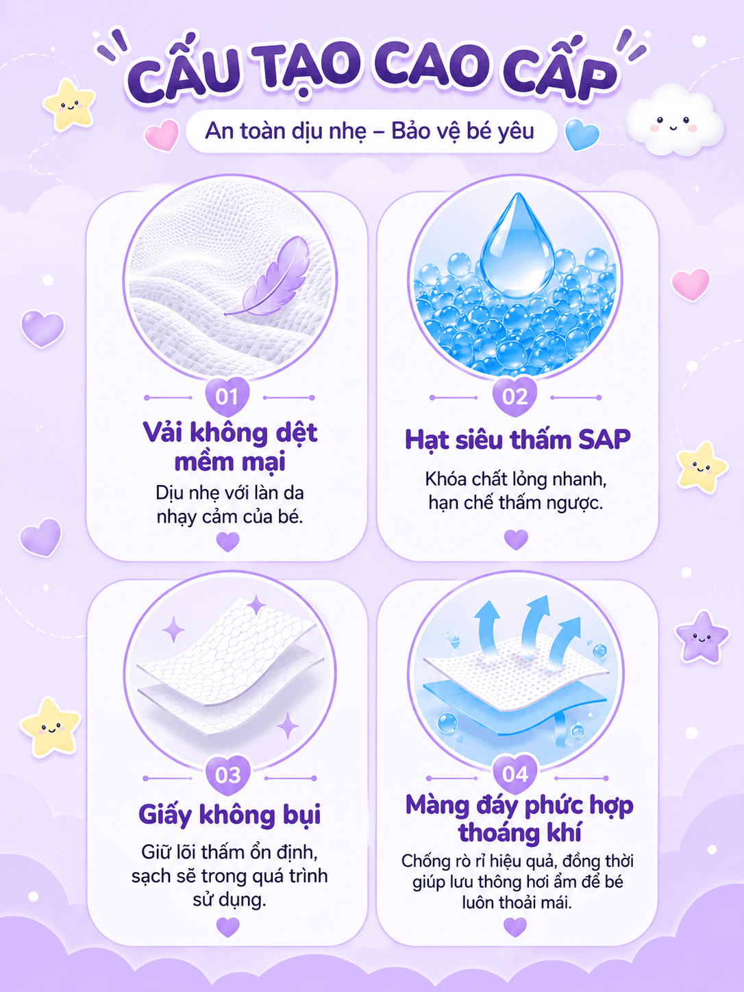 Cấu tạo cao cấp — an toàn dịu nhẹ, bảo vệ bé yêu