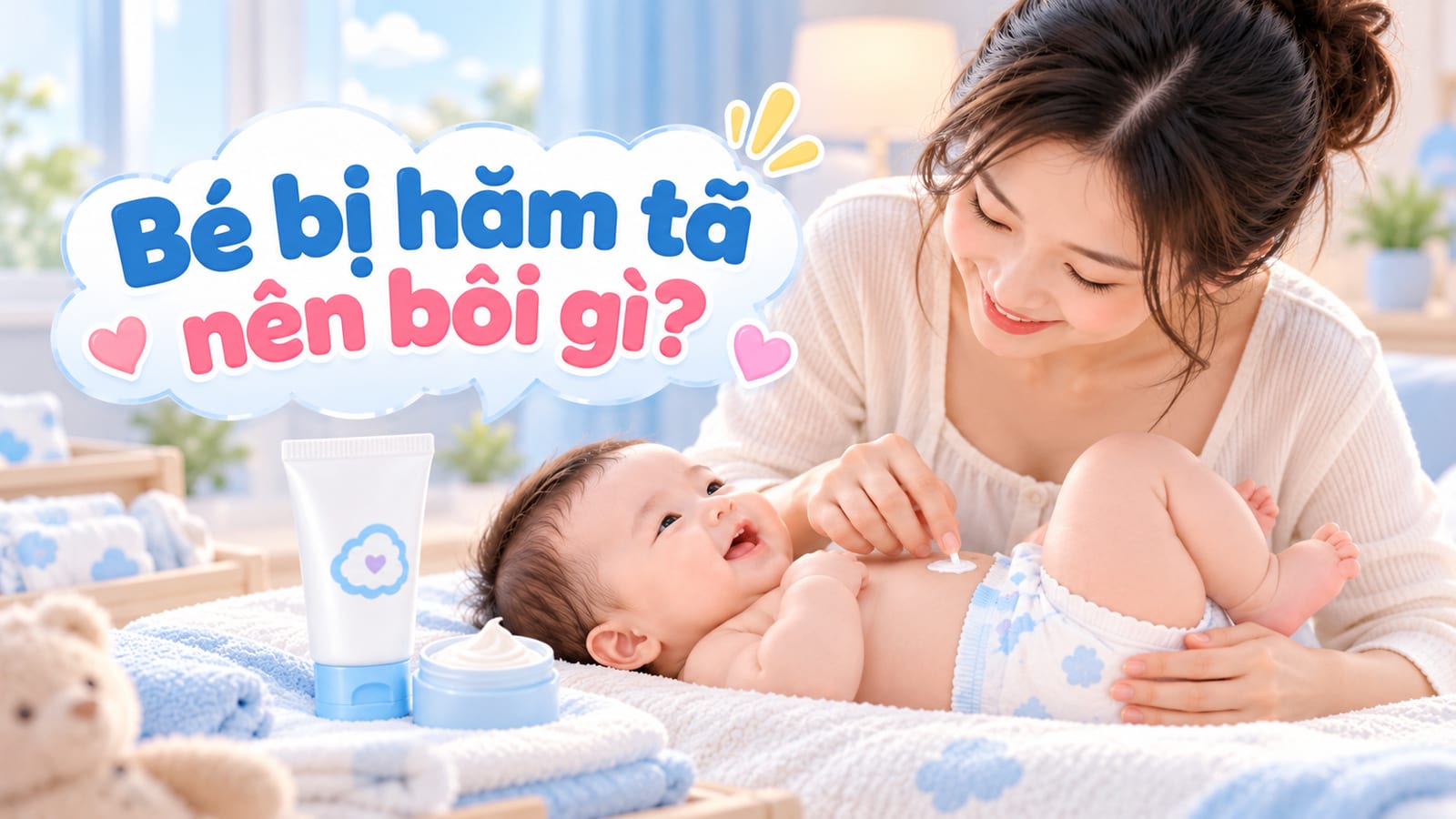 Mẹ nhẹ nhàng thoa kem bảo vệ da cho bé bị hăm tã