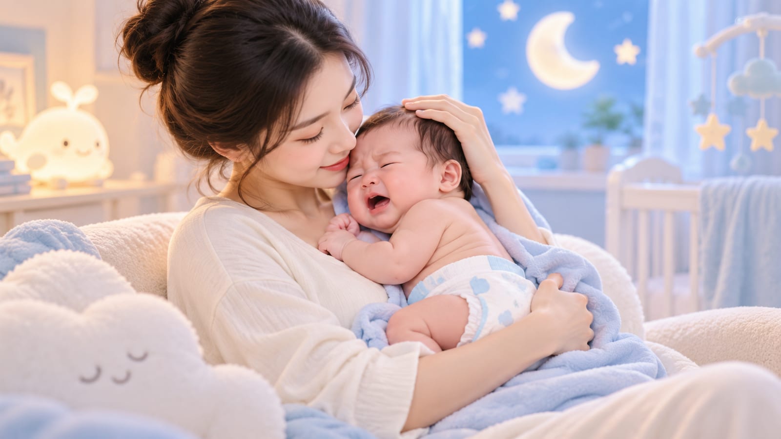 Mẹ nhẹ nhàng ôm dỗ trẻ sơ sinh đang quấy khóc
